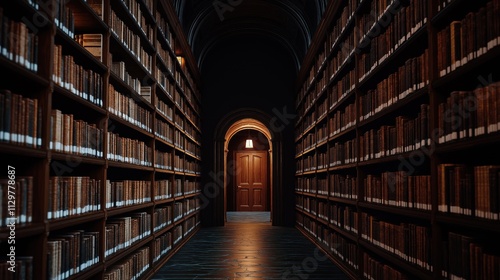 Dimly lit library hallway stretches to arched doorway. Bookshelves line walls. Ancient books fill shelves. Mysterious and peaceful ambiance. Perfect for educational, historical, or academic concepts.