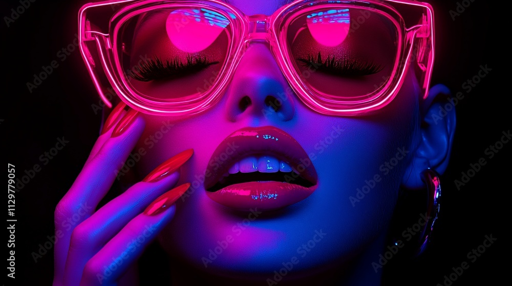 Close-up of woman's face with neon pink sunglasses, vibrant makeup, and long nails. Close-up of woman's face with neon pink sunglasses, vibrant makeup, and long nails.