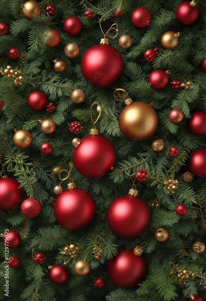 Evergreen pine branches are intertwined with colorful red and gold Christmas ornaments in a festive and whimsical pattern, pine branches, ornaments Evergreen pine branches are intertwined with colorful red and gold Christmas ornaments in a festive and whimsical pattern, pine branches, ornaments