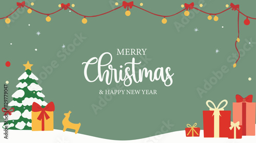 Merry Christmas wishing banner with decorate green bacckground greeting, gift, illustration, card, celebration, decoration, tree, vector, new year, snowflake, flat, christmas lights, december