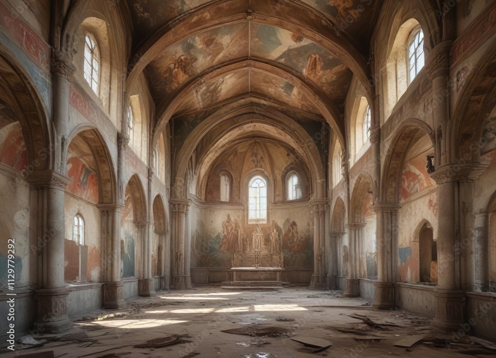 Faded frescoes adorn the walls of a neglected church situated on the shores of a dried-up reservoir, misty morning, rustic atmosphere, freshly painted foliage Faded frescoes adorn the walls of a neglected church situated on the shores of a dried-up reservoir, misty morning, rustic atmosphere, freshly painted foliage