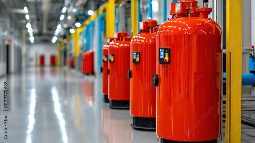 Industrial hallway featuring bright red gas cylinders aligned neatly along a polished floor, showcasing a modern facility focused on safety and efficiency. Industrial hallway featuring bright red gas cylinders aligned neatly along a polished floor, showcasing a modern facility focused on safety and efficiency.