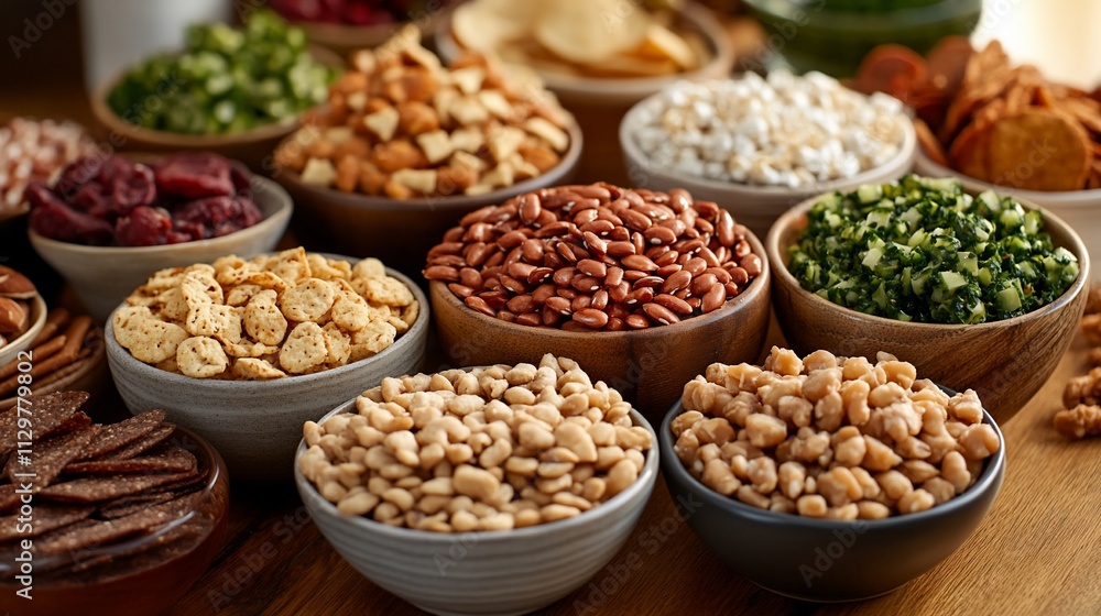 Assorted bowls of various snacks and legumes. Assorted bowls of various snacks and legumes.