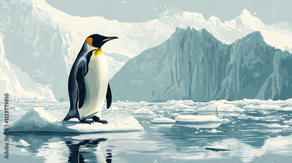 Fototapeta premium A Serene king penguin on ice floe, antarctic landscape