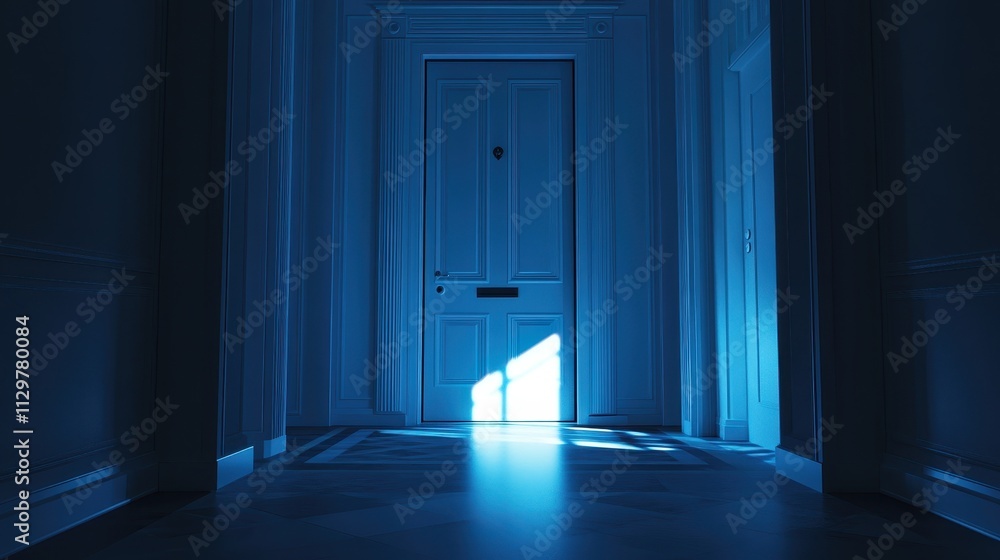 Obraz premium Elegant hallway with a closed door and blue light