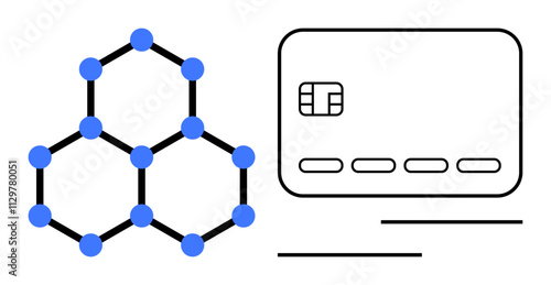 Blockchain network connected by blue nodes next to a credit card with an embedded chip. Ideal for fintech, blockchain, payments, security, technology, finance, digital transformation. Line metaphor