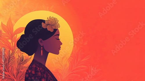 Elegant Indonesian Woman Celebrating Kartini Day in Orange Background photo