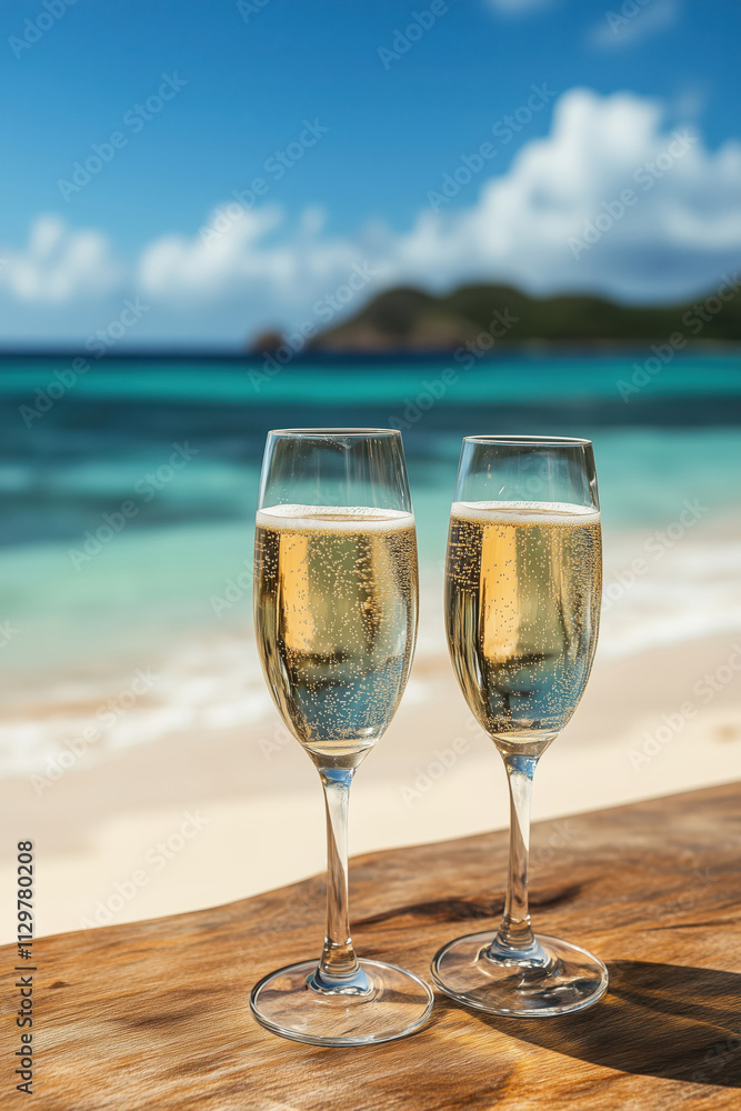Two glasses of sparkling wine on a wooden table served on the beach Two glasses of sparkling wine on a wooden table served on the beach