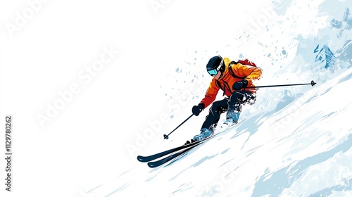 a 2D cartoon illustration of a skier skiing down a snowy slope, fast and daring, white background--ar 16:9