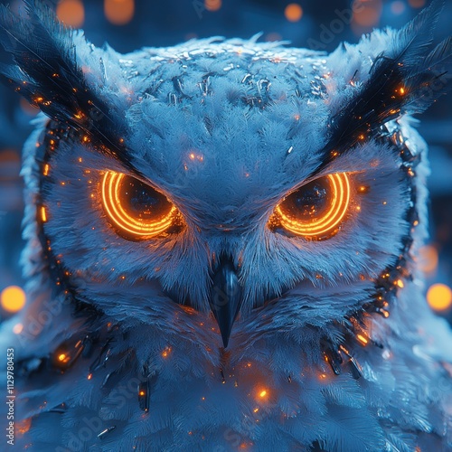 Futuristic Mechanical Owl Illustration with Vibrant Neon Elements and Cyberpunk Style photo