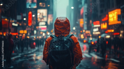 Rainy Cityscape with Person in Red Jacket