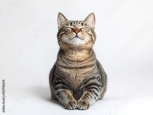 Serene tabby cat sitting with eyes closed against white background.