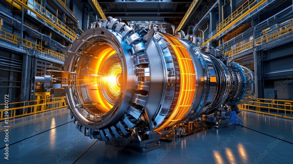 A futuristic turbine engine with glowing elements is displayed in a modern industrial setting, showcasing advanced technology and design. A futuristic turbine engine with glowing elements is displayed in a modern industrial setting, showcasing advanced technology and design.