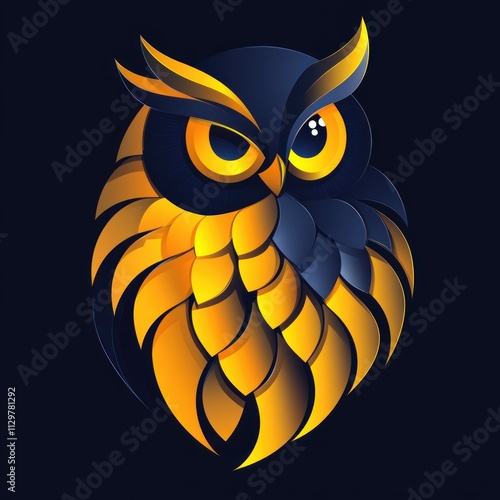 Modern Futuristic Owl Logo Illustration in Gold and Black, Minimalistic Flat Design with Vibrant Colors photo