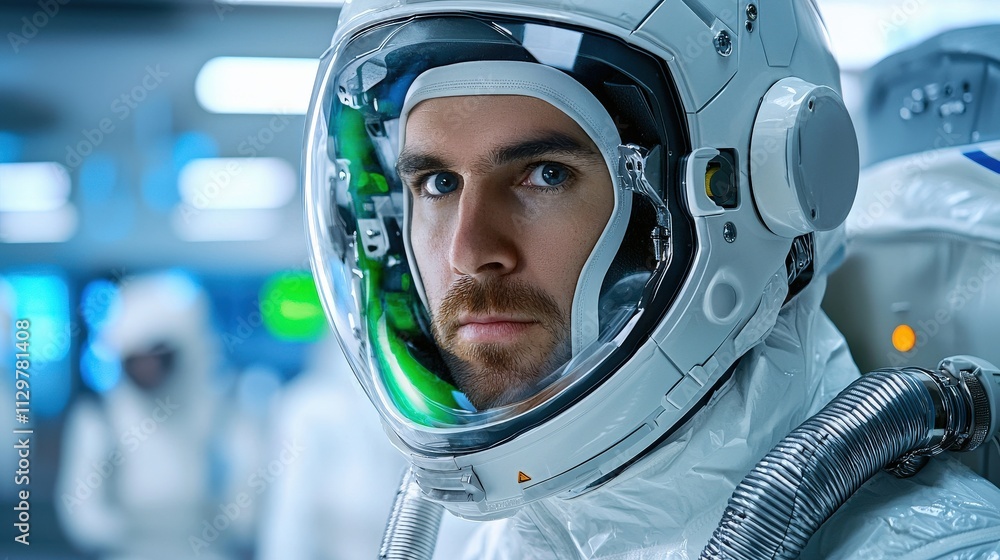 An astronaut in a space suit gazes intently, surrounded by fellow crew members in a futuristic space environment. An astronaut in a space suit gazes intently, surrounded by fellow crew members in a futuristic space environment.