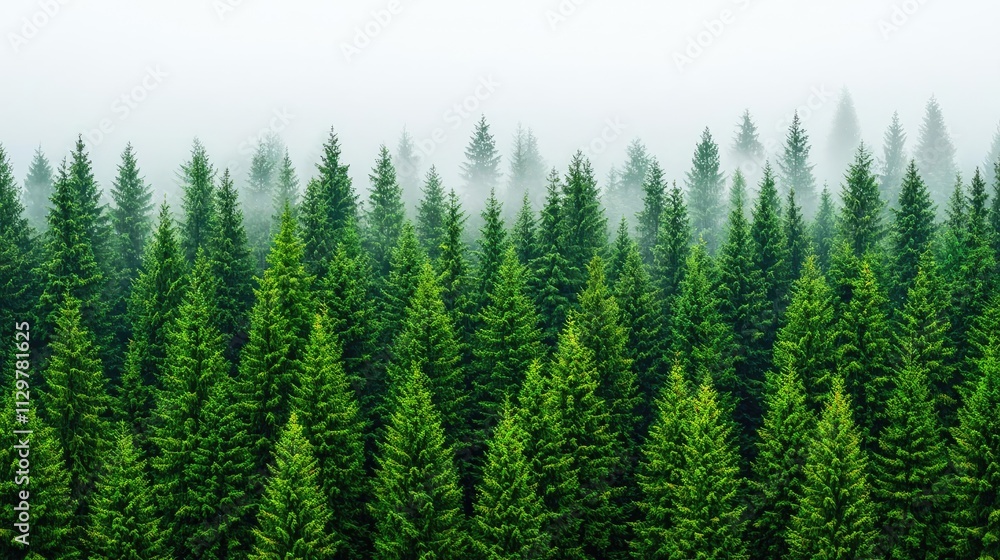 A serene view of lush green coniferous trees shrouded in gentle morning mist. A serene view of lush green coniferous trees shrouded in gentle morning mist.