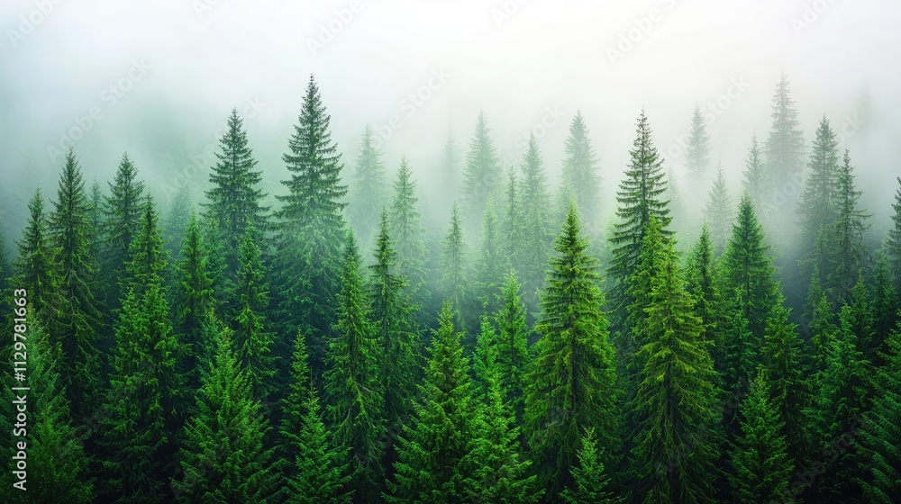 A serene forest scene with tall evergreen trees shrouded in soft morning mist. A serene forest scene with tall evergreen trees shrouded in soft morning mist.