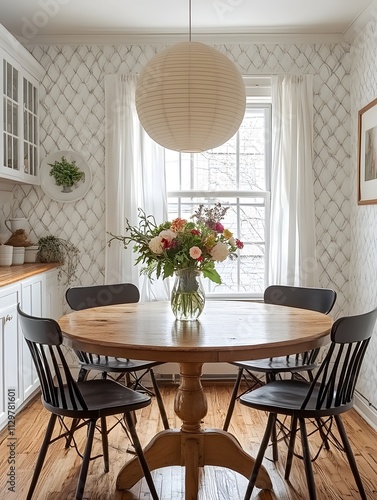 Bright and Cozy Dining Room with Round Wooden Table, Black Chairs and Vibrant Floral Centerpiece, Featuring Large Paper Lantern Light Fixture and Patterned Wallpaper with White Curtains.