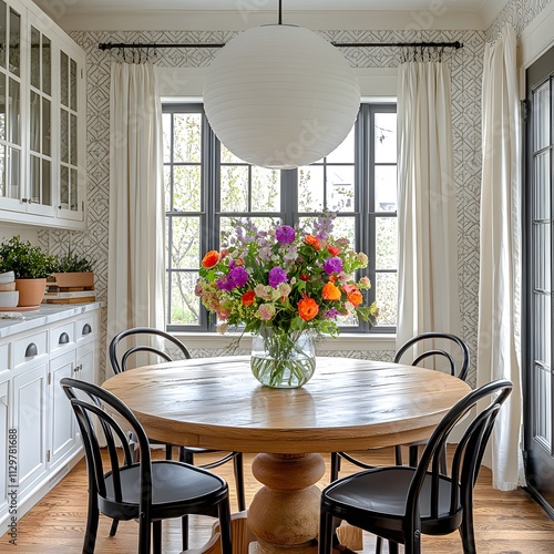 Bright and Cozy Dining Room with Round Wooden Table, Black Chairs and Vibrant Floral Centerpiece, Featuring Large Paper Lantern Light Fixture and Patterned Wallpaper with White Curtains.