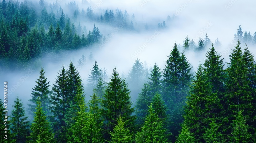 Serene misty forest landscape with tall green trees, evoking peace and tranquility. Serene misty forest landscape with tall green trees, evoking peace and tranquility.