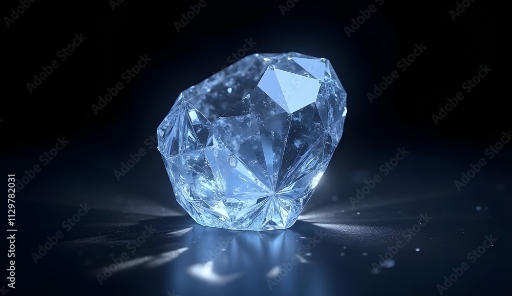 A solitary, faceted diamond is showcased against a dark background. The diamond is illuminated, causing it to sparkle and reflect light in multiple directions. A solitary, faceted diamond is showcased against a dark background. The diamond is illuminated, causing it to sparkle and reflect light in multiple directions.
