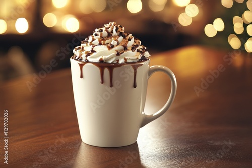 Creamy hot chocolate in a mug with whipped cream and chocolate drizzle on a wooden table with bokeh lights.