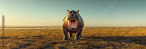 Hippopotamus Roaring In African Savanna Sunset photo