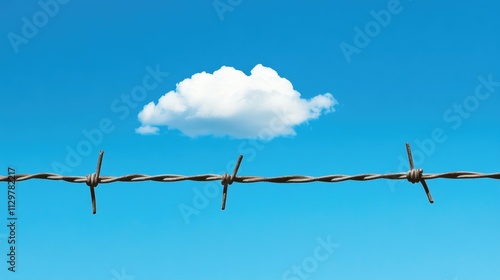 White Cloud Above Barbed Wire Fence Against Blue Sky