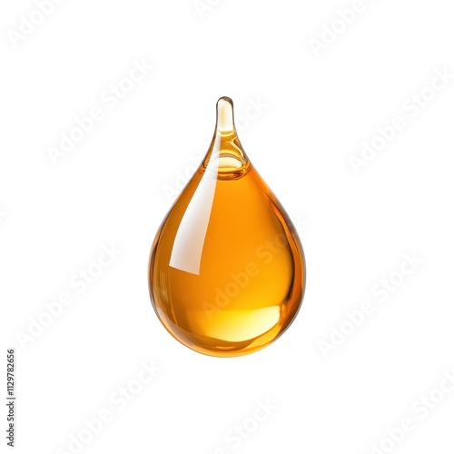 Golden Amber Oil Drop, Close up Studio Shot, Isolated on White Background Cutout