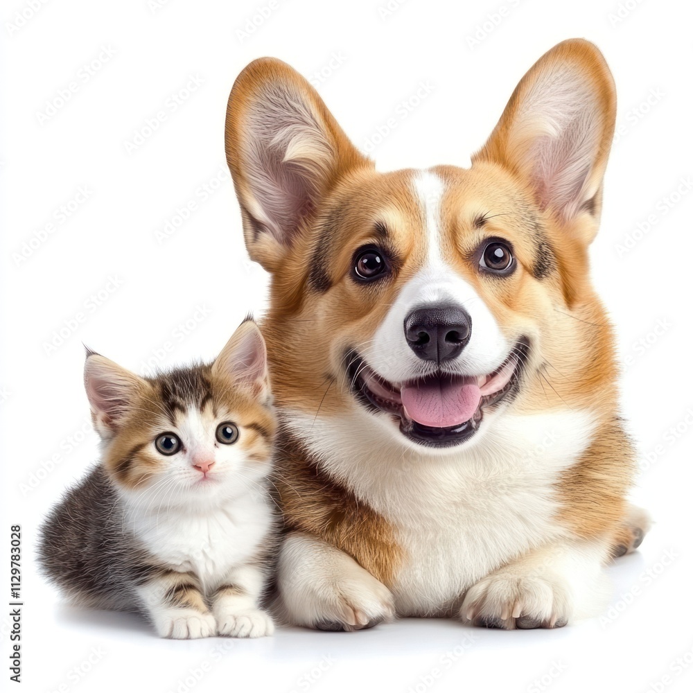 Happy corgi dog and tabby kitten posing together on white background. Happy corgi dog and tabby kitten posing together on white background.
