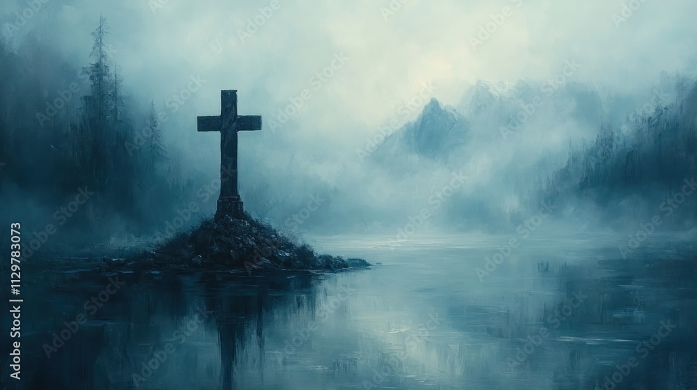 Solitary Cross in a Misty Seascape Reflecting Spirituality and Hope Solitary Cross in a Misty Seascape Reflecting Spirituality and Hope