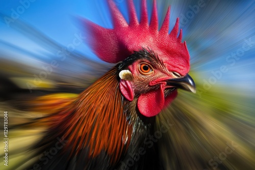 Close-up of a rooster's head with vibrant red comb and wattle, against a blurred background. photo