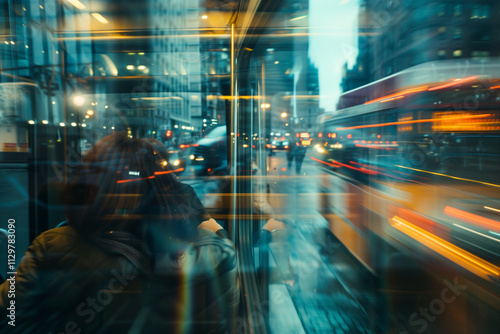 Blur motion busy urban downtown city crowd people commuter public transportation. Business center office building concept