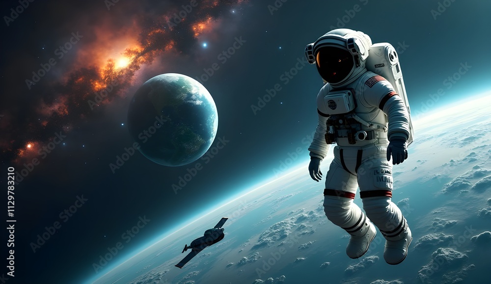 Naklejka premium This image depicts an astronaut floating in outer space. The astronaut is wearing a white spacesuit with a blue stripe and a helmet. They are surrounded by stars and a distant planet.