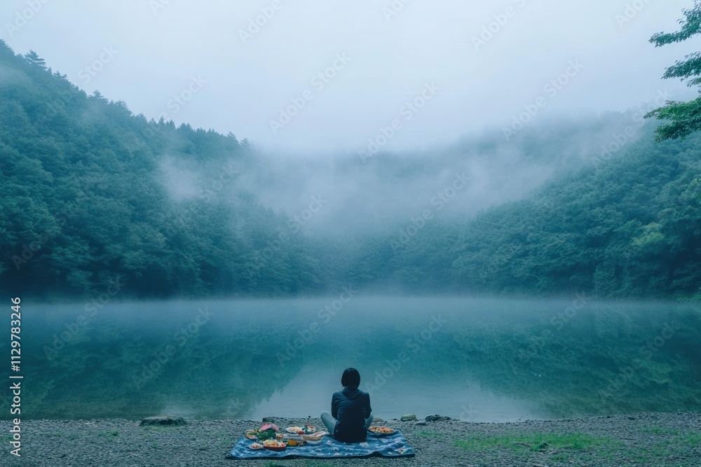 Person enjoying a serene picnic by a misty lake in a tranquil mountain setting. Person enjoying a serene picnic by a misty lake in a tranquil mountain setting.