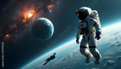 This image depicts an astronaut floating in outer space. The astronaut is wearing a white spacesuit with a blue stripe and a helmet. They are surrounded by stars and a distant planet.