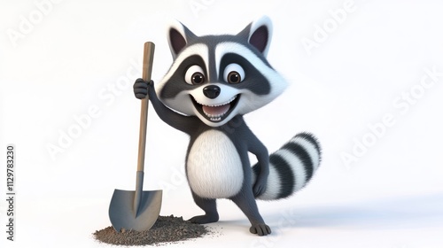 Happy cartoon raccoon holding a shovel.