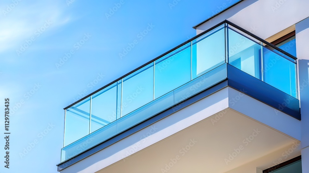 Fototapeta premium Modern apartment building balcony with glass railing against a blue sky.