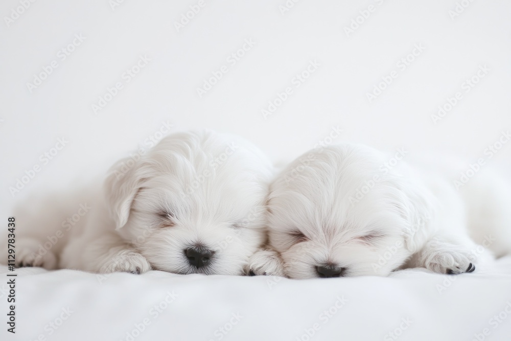 Two adorable white puppies sleeping peacefully together on a white surface. Two adorable white puppies sleeping peacefully together on a white surface.