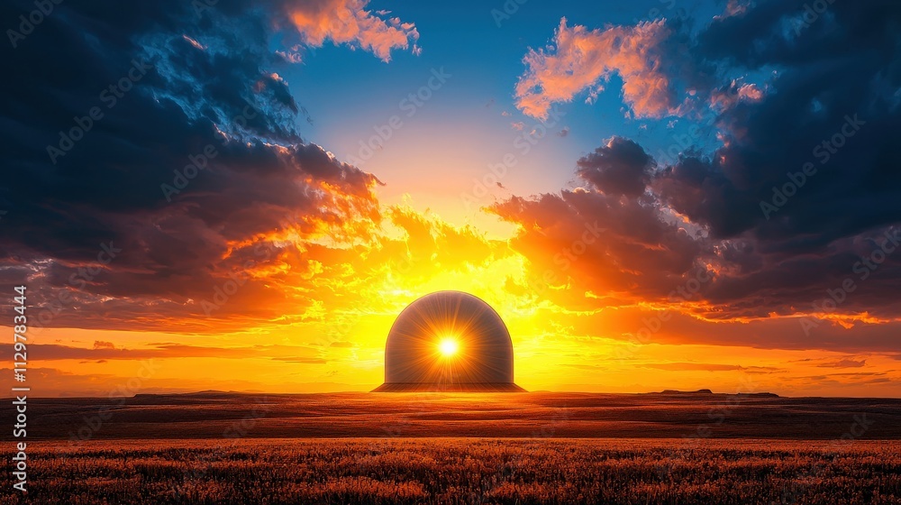 Obraz premium A stunning sunset with vibrant colors, featuring a large, rounded silhouette against a dramatic sky filled with clouds.
