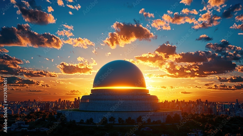Obraz premium A stunning sunset casts a golden glow over a dome structure, silhouetted against a vibrant sky filled with clouds.