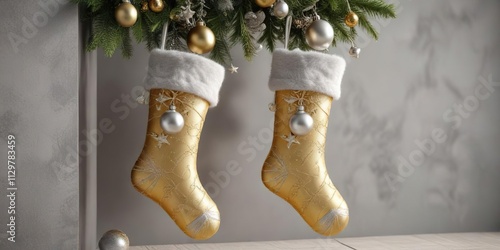 Gold and silver Christmas stocking with ornaments, shimmering, holiday, shining