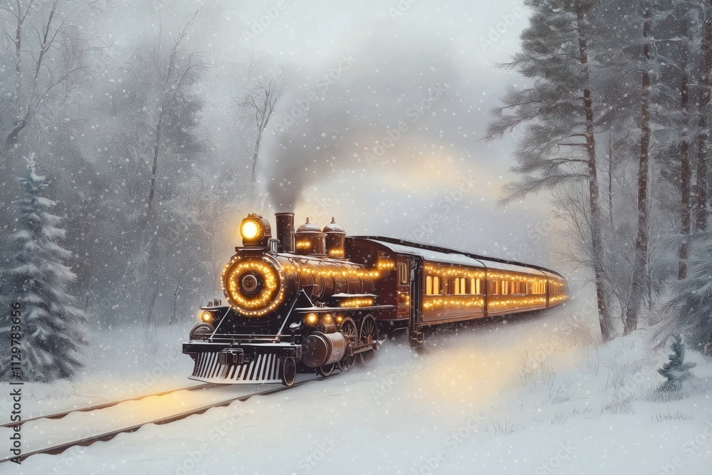 Magical train travels snowy forest. Festive holiday scene. Warm light from train. Wonderful winter wonderland. Vintage steam train. Christmas magic. Nostalgia holiday theme. Christmas train ride. Magical train travels snowy forest. Festive holiday scene. Warm light from train. Wonderful winter wonderland. Vintage steam train. Christmas magic. Nostalgia holiday theme. Christmas train ride.
