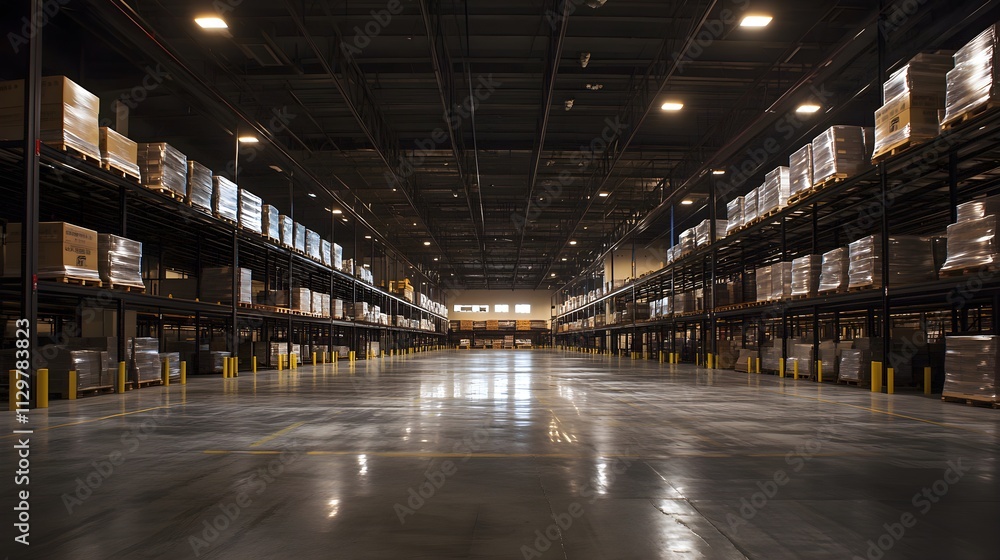 An organized warehouse interior showcasing rows of stacked pallets on steel shelves, with ample overhead lighting and a clearly defined floor marking system for streamlined operations An organized warehouse interior showcasing rows of stacked pallets on steel shelves, with ample overhead lighting and a clearly defined floor marking system for streamlined operations