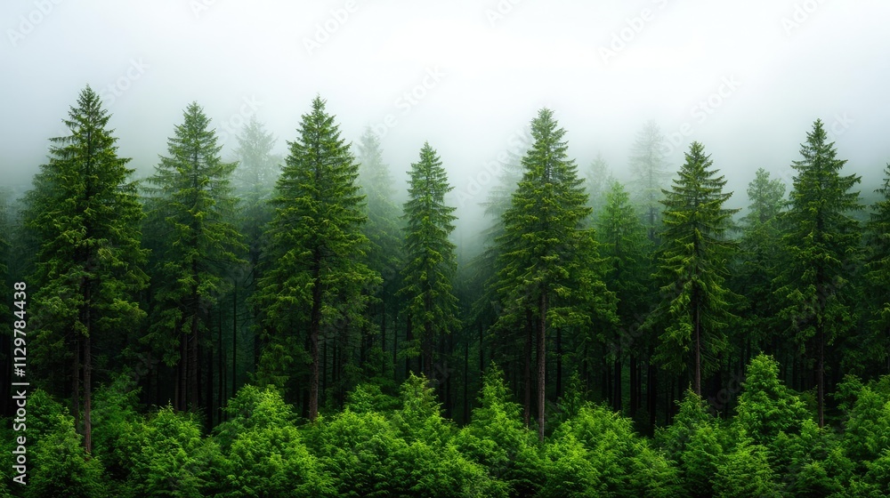 Fototapeta premium A serene forest landscape with towering evergreen trees shrouded in mist.