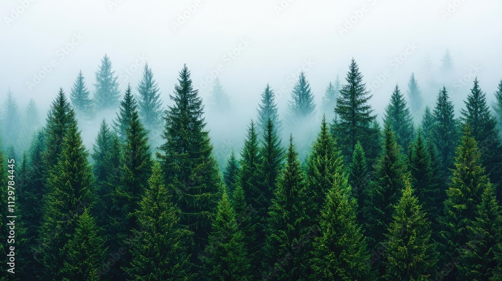 A serene landscape of dense evergreen trees shrouded in misty fog for serene nature vibes. A serene landscape of dense evergreen trees shrouded in misty fog for serene nature vibes.