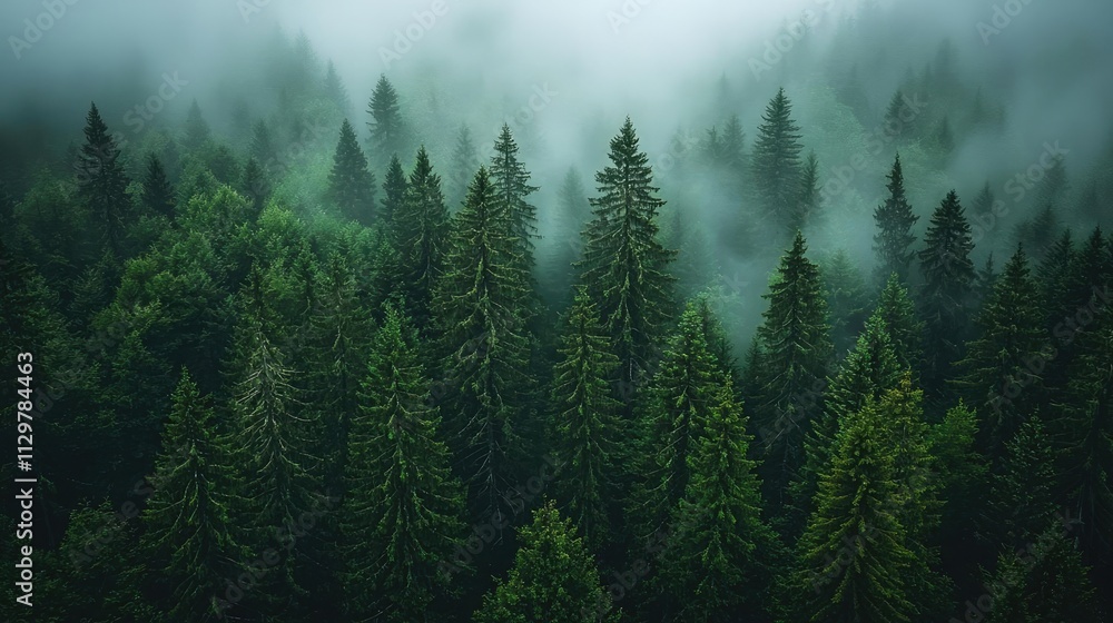 A serene forest landscape shrouded in mist, showcasing tall evergreen trees. A serene forest landscape shrouded in mist, showcasing tall evergreen trees.