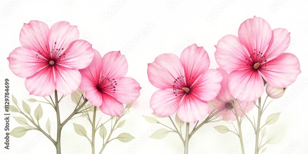Delicate Pink Flowers and Leaves on a White Background Delicate Pink Flowers and Leaves on a White Background
