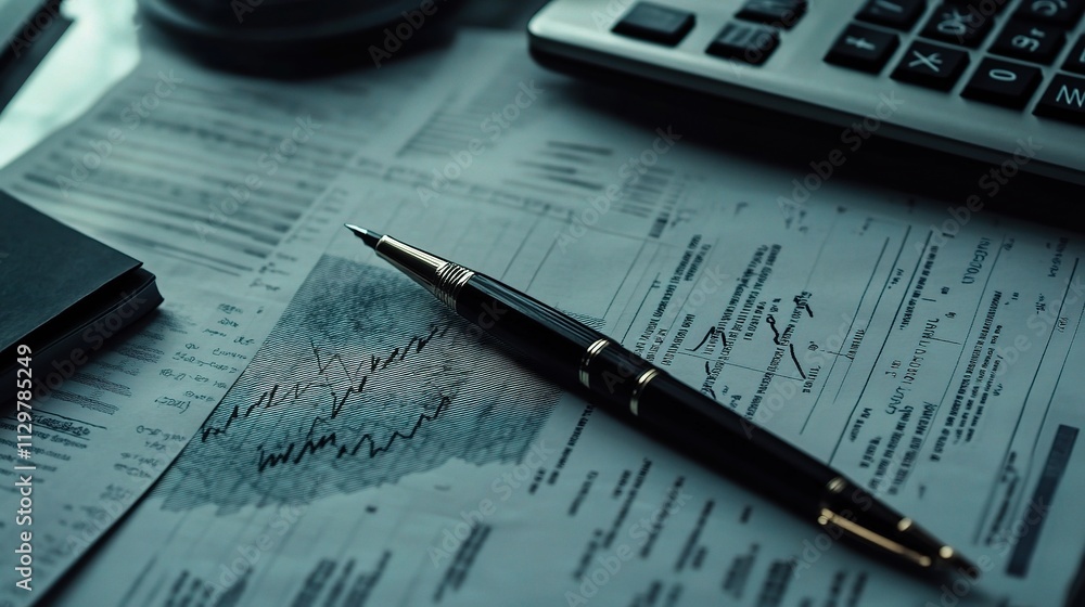 Financial Desk with Graphs, Pens, and Calculator for Business Use Financial Desk with Graphs, Pens, and Calculator for Business Use