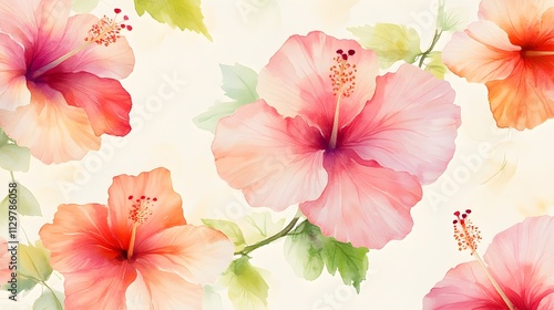 Fototapeta Naklejka Na Ścianę i Meble -  A beautifully crafted watercolor illustration of hibiscus flowers in gentle shades of pink and red, with sparse green leaves, set against a light background to create a harmonious, seamless 